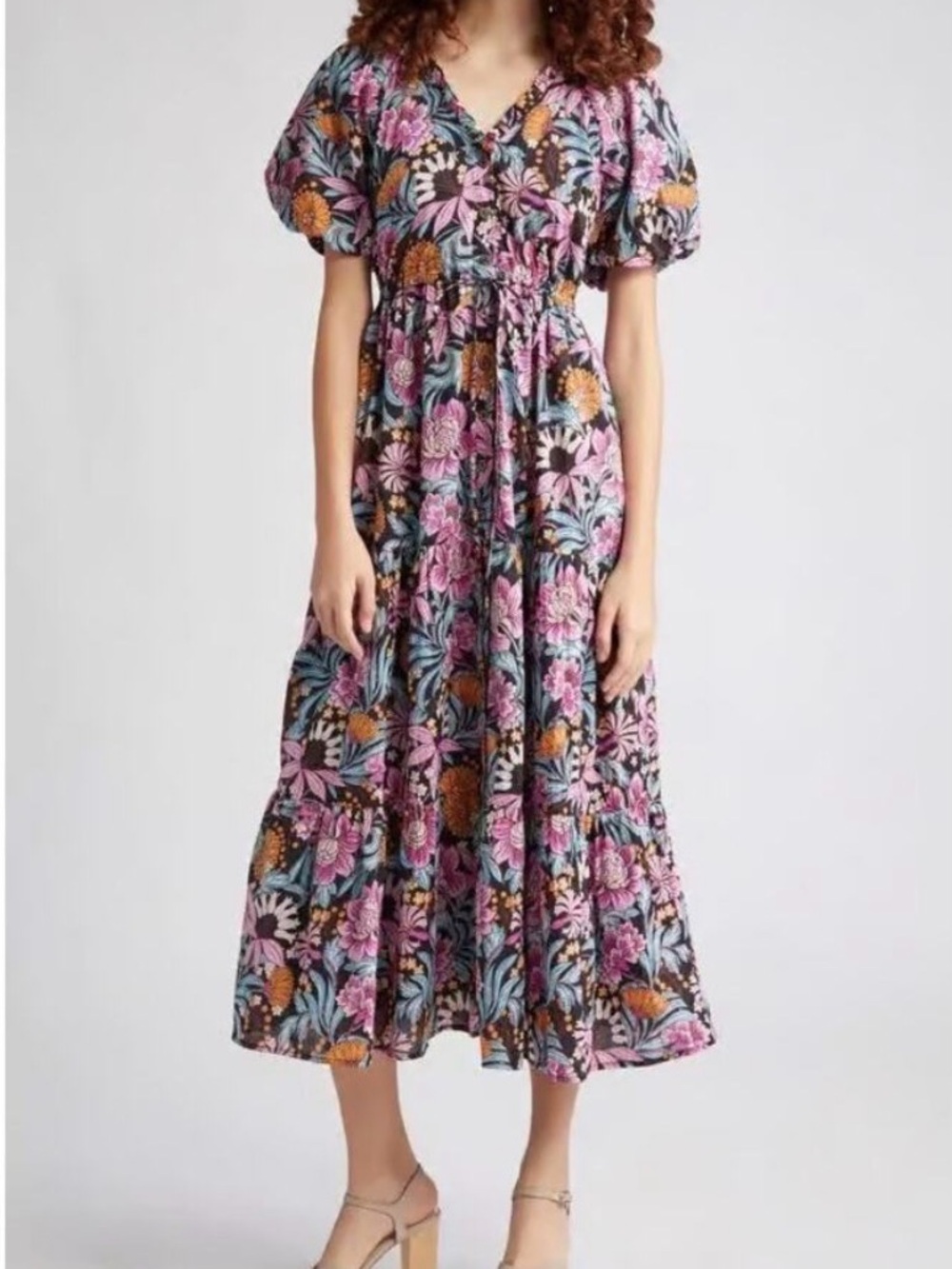 Banjanan Poppy Floral Cotton Midi Dress Size S Pockets